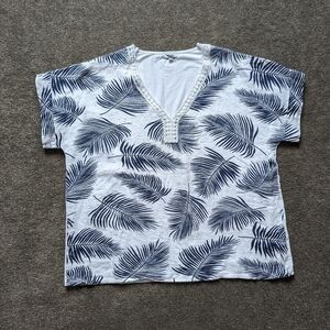 Modai linen cotton tropical leaf pattern crochet V-neck Tshirt blouse women's 3X